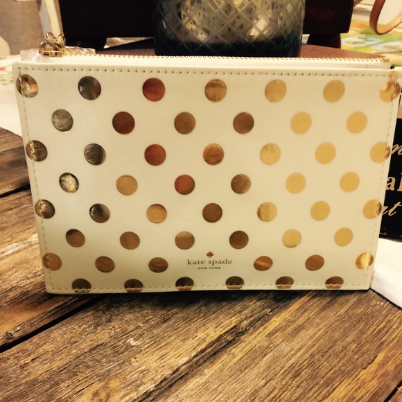 BNWT Kate Spade Cream and Gold Dot Pencil Case
