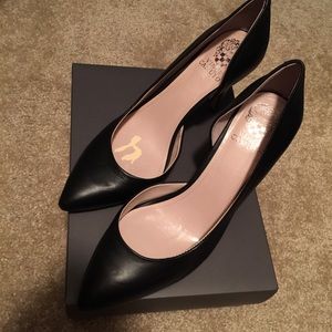 Vince Camuto. Low basic black leather heels.