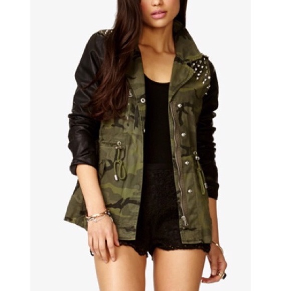 Faux Leather Spiked Camo Utility Jacket