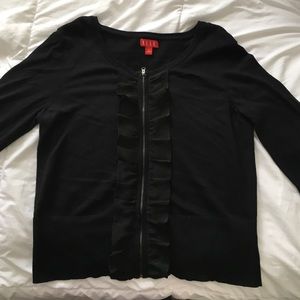 Black 3/4 Sleeve Ruffle Zip Sweater