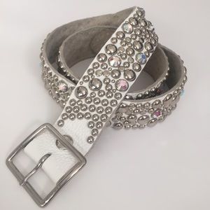 White Leather Rhinestone Stud Belt