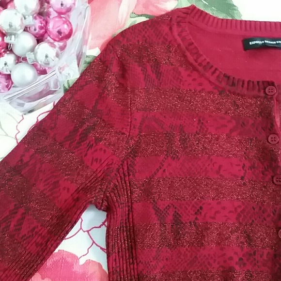 Express Red Sparkle Striped Snakeskin Cardigan Sweater Size Medium - Picture 1 of 4