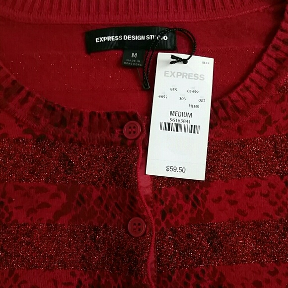 Express Red Sparkle Striped Snakeskin Cardigan Sweater Size Medium - Picture 2 of 4