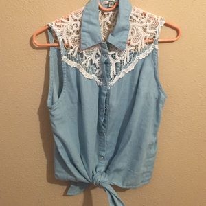 White lace and blue top