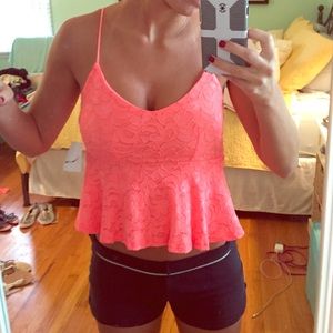 Neon pink lace peplum crop top