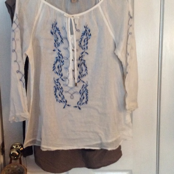 Sheer cotton blue embroider long sleeve blouse.