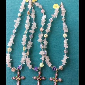 3 SS/Rose Quartz/Murano Glass Cross Necklaces