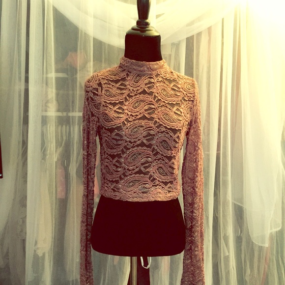 Sheer dusty pink long sleeve high neck lace