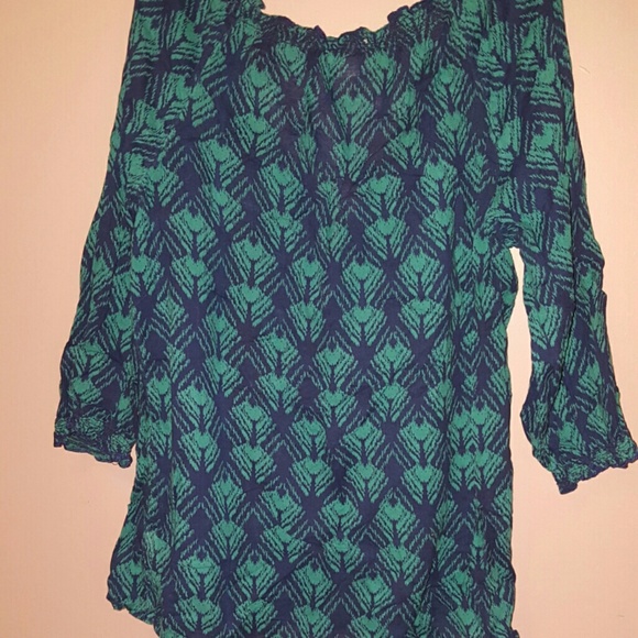 Navy and teal peacock feather pattern blouse - Picture 2 of 2