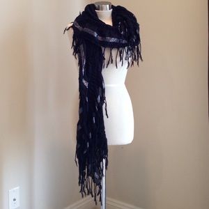 Black long scarf with fringe and silver metallic