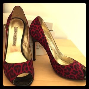 Red leopard open toe high heels
