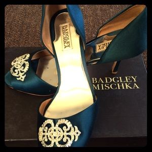 Badgley Mischka Teal crystal satin salsa heel