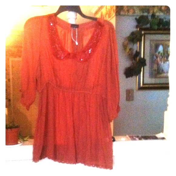 Orange Draw-waist top w/ sequin collar - Picture 1 of 2