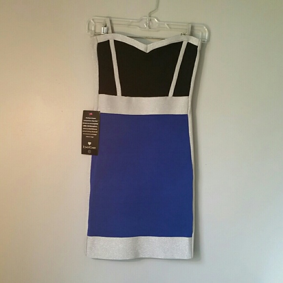 Bebe Black Silver Electric Blue Bodycon Dress NWT