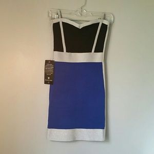 Bebe Black Silver Electric Blue Bodycon Dress NWT