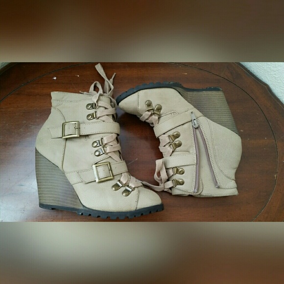 Tan wedge booties