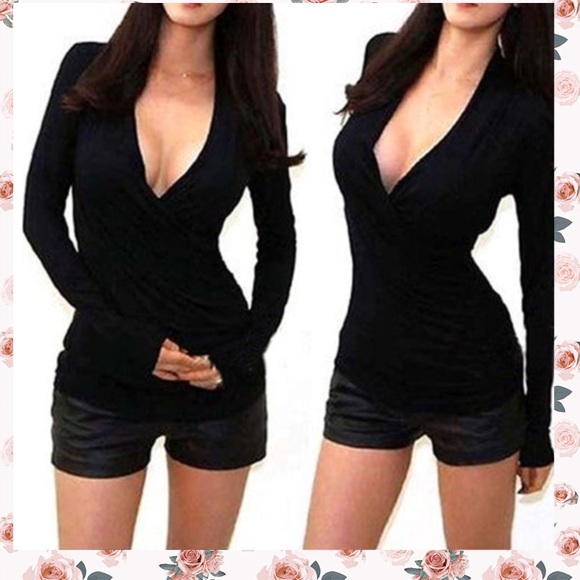 2 Left Tops - Sexy Long Sleeve Low cut Wrap Shirt! BLACK