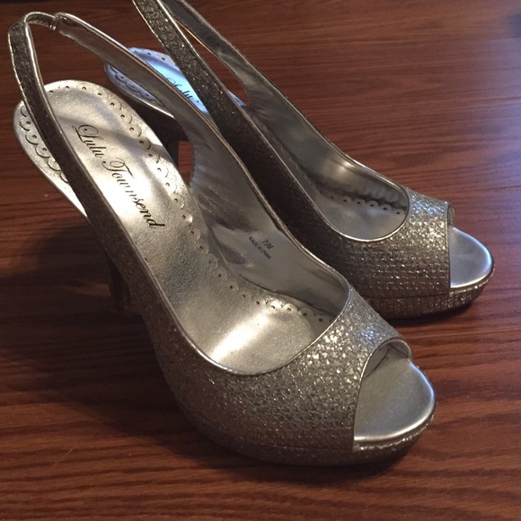 Silver sparkly high heels.