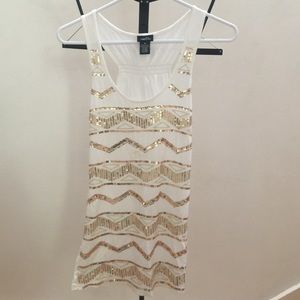 Gold sequences white long tank