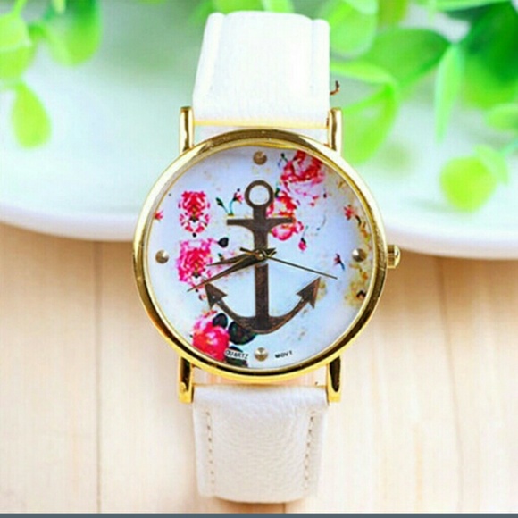 White floral printed anchor quartz watch!