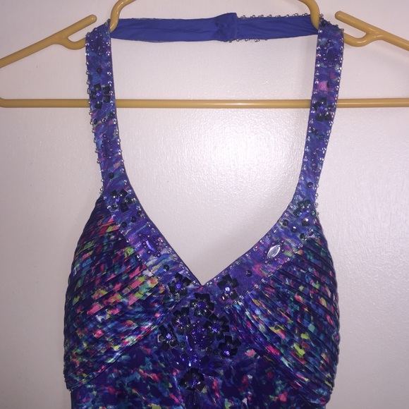 Halter Blue Mermaidback jeweled long flowing gown - Picture 2 of 4