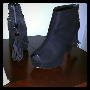 Black suede peep toe booties