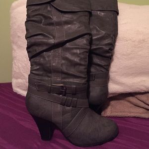 Charcoal colored faux leather heeled boots