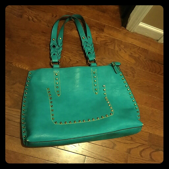 Teal handbag gold studded (large)