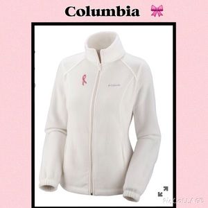 Columbia off white fleece jacket with pink ribbon