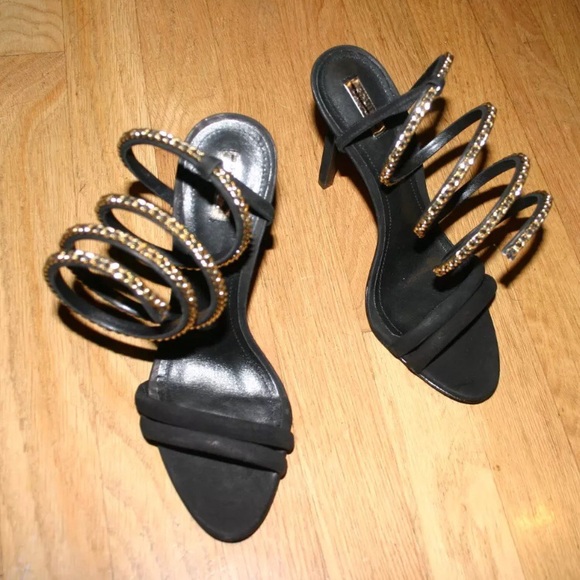 NEW Schutz Monya Heels Ankle Wrap Black Gold Coil - Picture 3 of 4