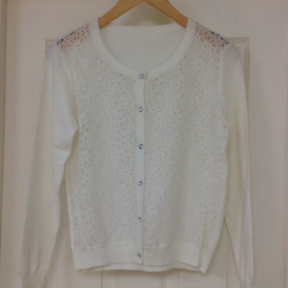 Lacy Front Rhine Stone Button Cardigan