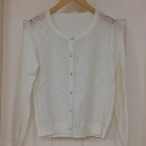 Lacy Front Rhine Stone Button Cardigan