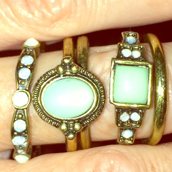 Set of five antique gold and turquoise rings.