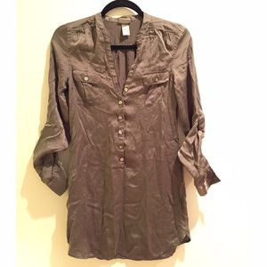 Army green satin button down blouse/short dress