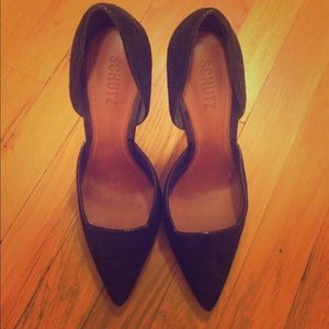 SCHUTZ Black Suede pumps with METALLIC SILVER HEEL