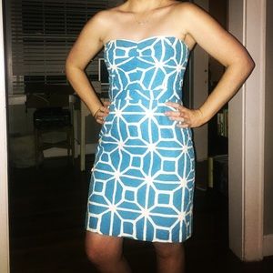 Trina Turk turquoise and white strapless dress
