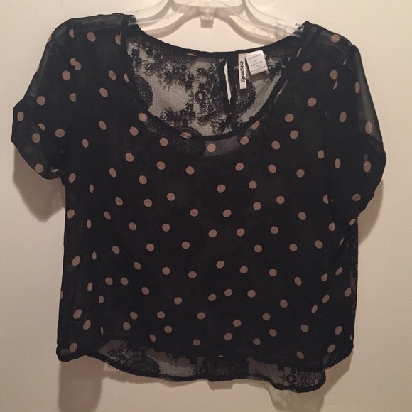 Black crop top with beige polka dots and lace back