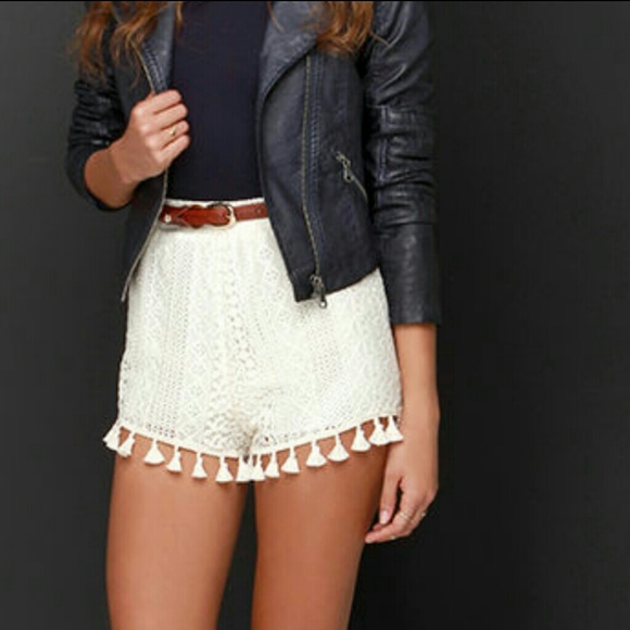 Lush Pants - 'LUSH' cream colored lace, tassel trimmed shorts