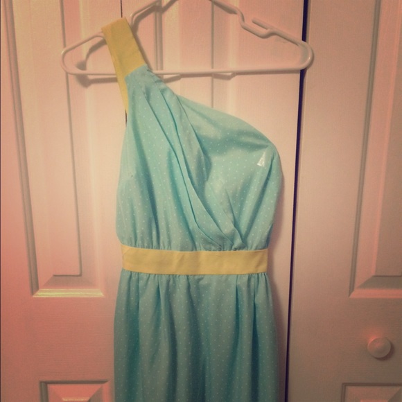 Blue polka dot one shoulder dress