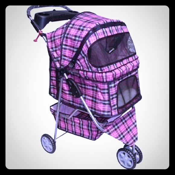 Pink plaid pet stroller