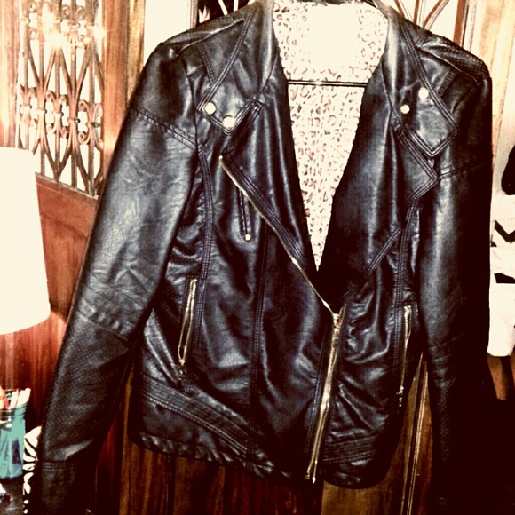 Black perf leather moto jacket with gold hardware