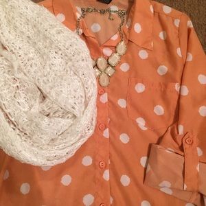 Peach Polka dot button up blouse with pocket.