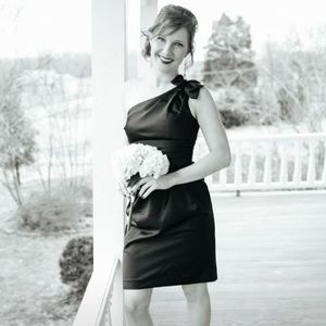 One shoulder black satin rouched bridesmaid dress