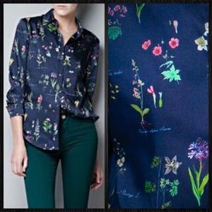 Zara Long Sleeve Botanical Blouse in Navy Blue