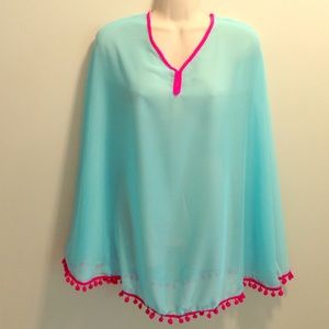 Turquoise and pink swim suit poncho cover up.