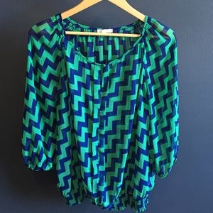 Sheer Blue & Green Chevron Blouse
