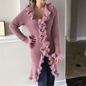 Pink Long Knit Sweater with fur trim