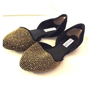 Gold studded black suede flats size 8