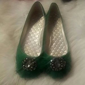 Green flats with feather and crystal details