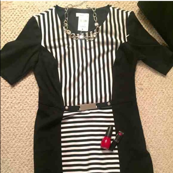 A black stripe body con type dress .